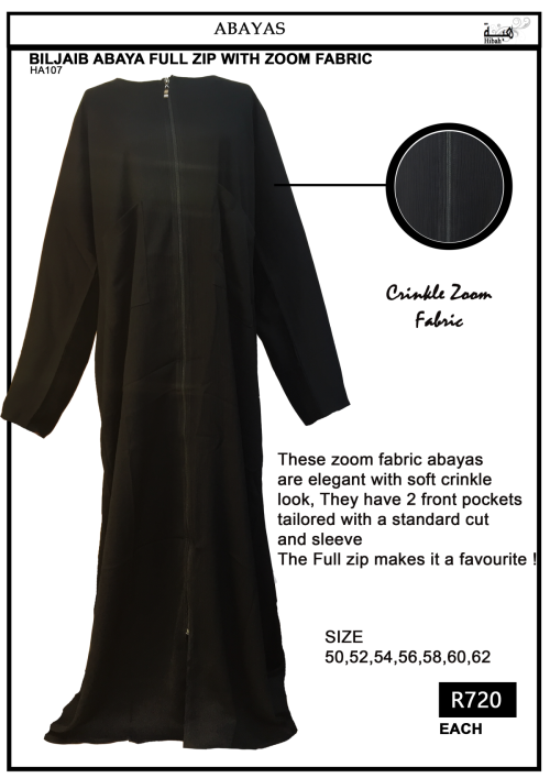 Biljaib Abaya Full Zip with Crinkle Zoom Fabric Full Zip (HA108) - SOLD OUT 